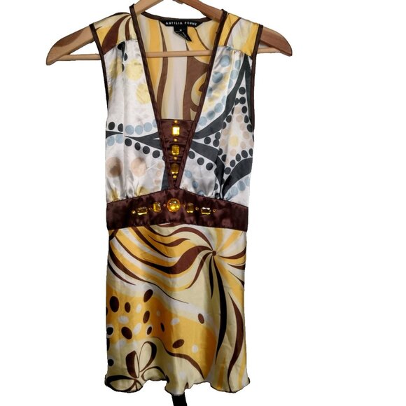 Vintage Y2K Antilia Femme Shirt Medium Sleeveless Yellow Brown Satin Bling Ties - Picture 1 of 16